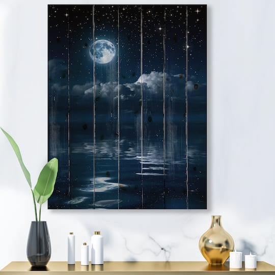 Designart - Full Moon in Cloudy Night Sky I - Nautical & Coastal Print on Natural Pine Wood
